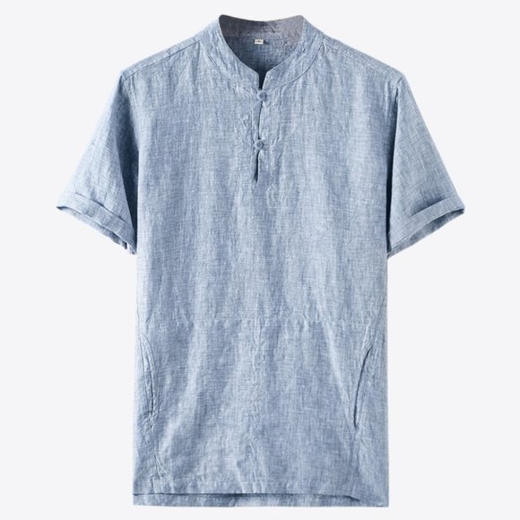 Buttoned Round Neck Short Sleeve Linen Tee - Picture 5 of 10